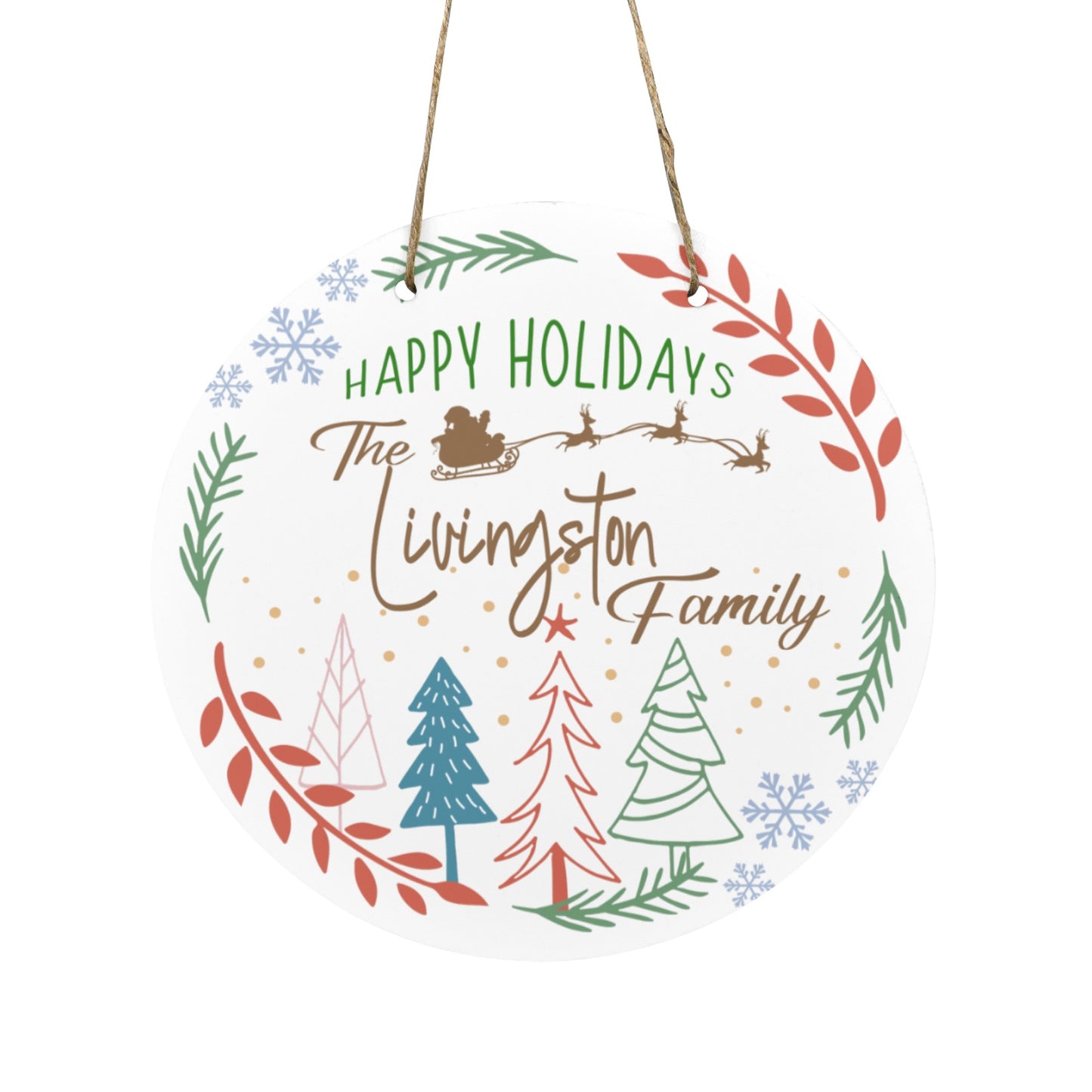 Exclusive Family Christmas Personalized Round Wooden Door Sign