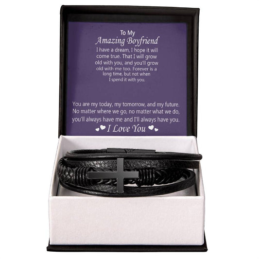 To My Amazing Boyfriend: Men's Cross Leather Bracelet – A Symbol of Unfading Love